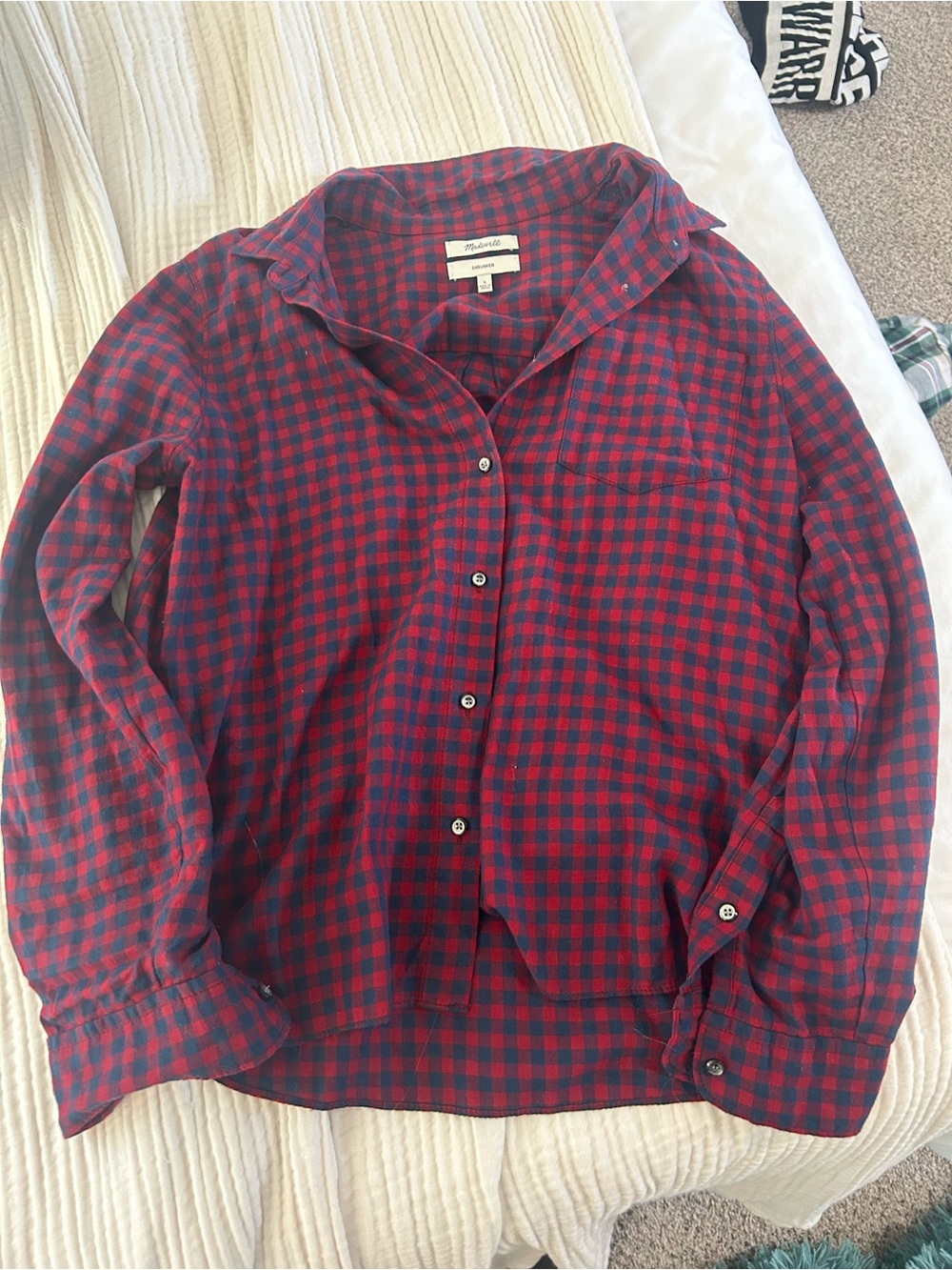 Women’s  Red and Navy Plaid Button-Up Shirt